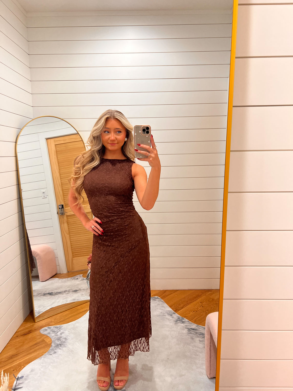 Dark Brown Lace Ruched Tank Midi Dress