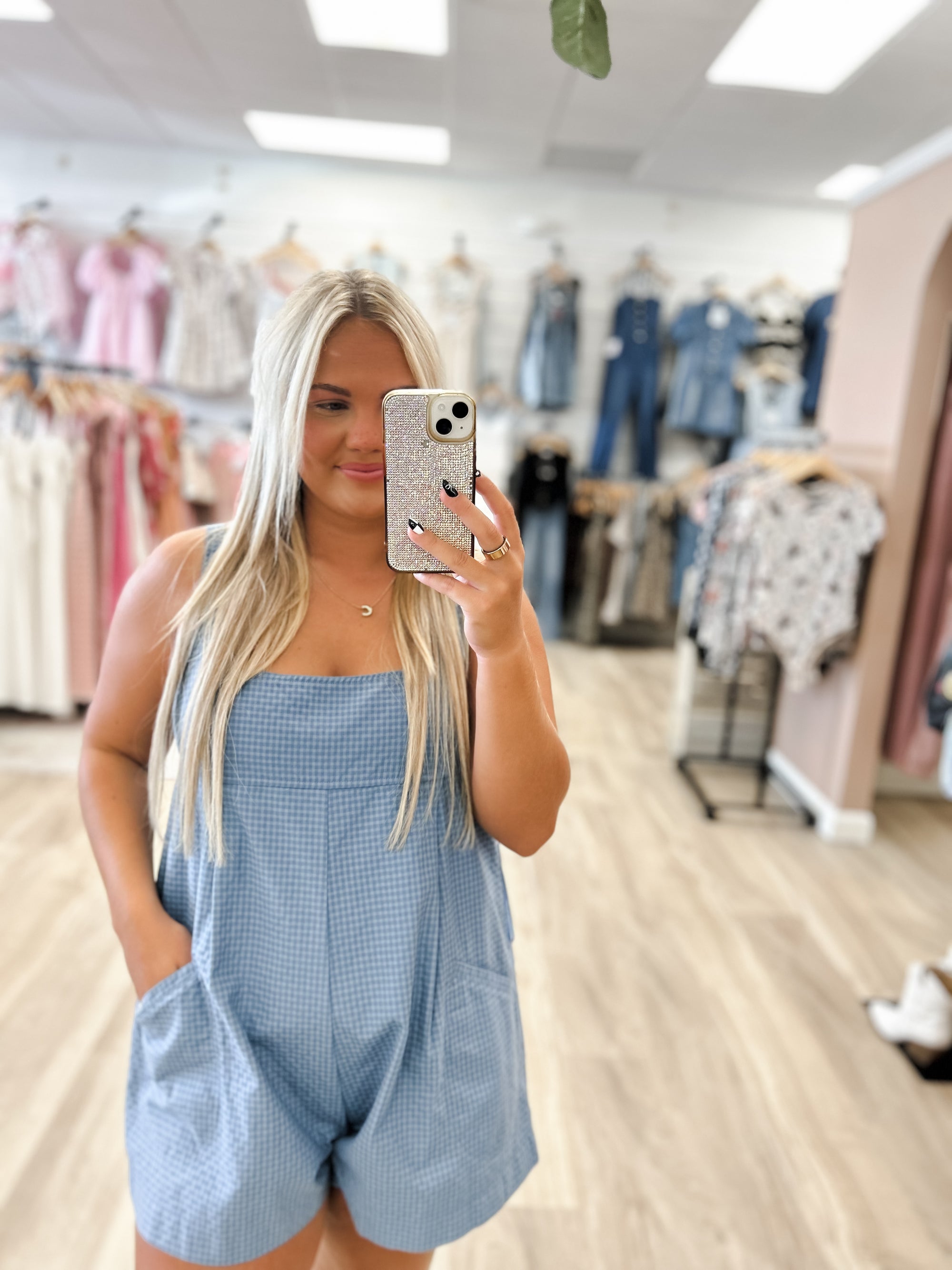 Blue Denim Plaid Romper