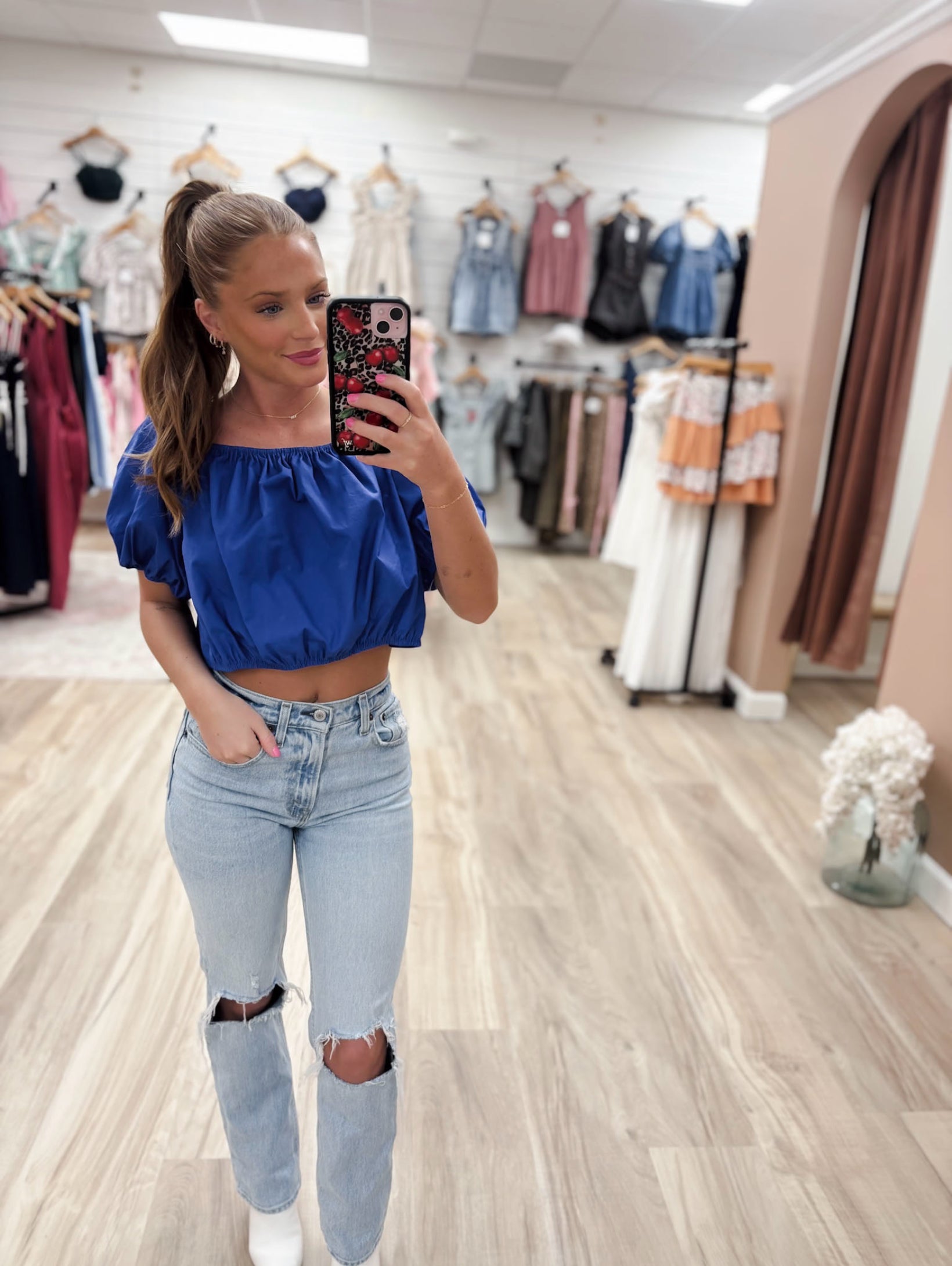 Puff Sleeve Back Tie Blue Crop Top