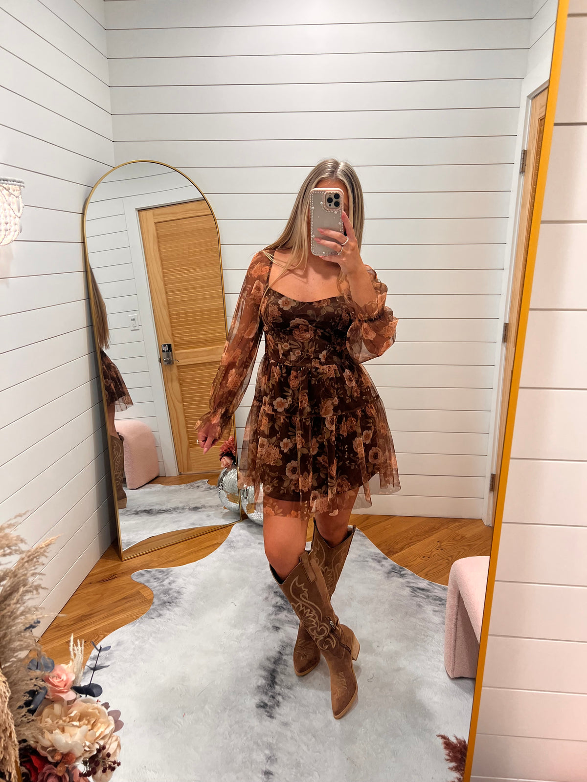 Brown Floral Chiffon Corset Mini Dress