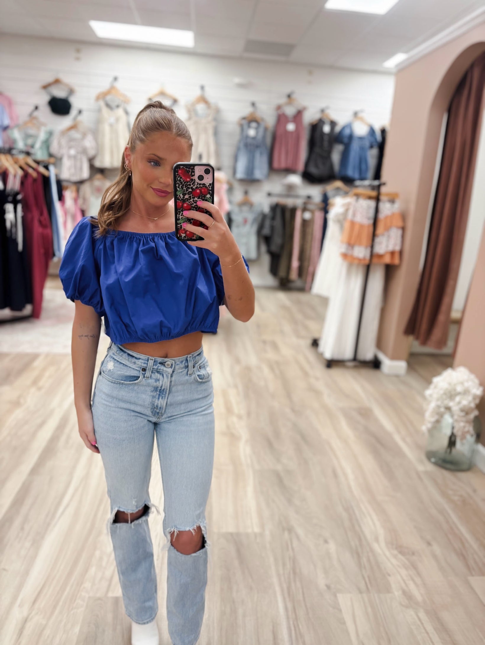 Puff Sleeve Back Tie Blue Crop Top