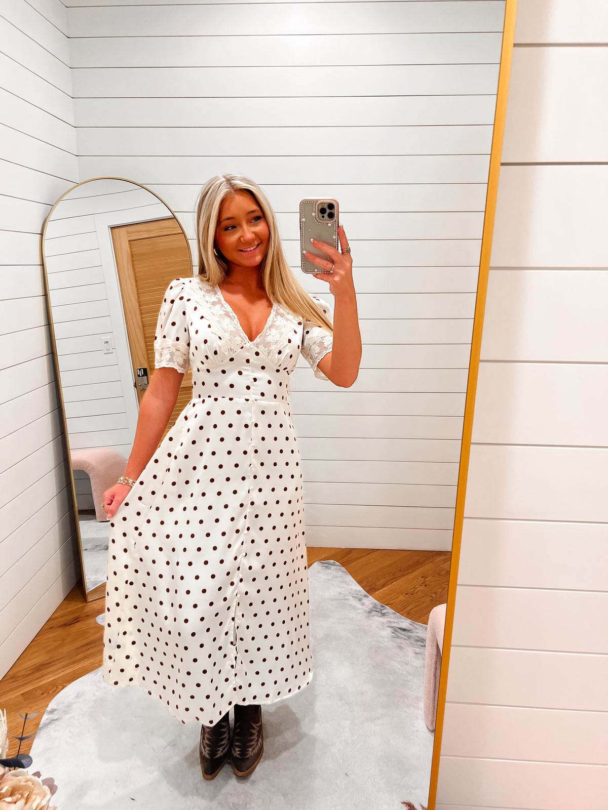 Champagne Polka Dot Lace Trim V-Neck Button Down Midi Dress