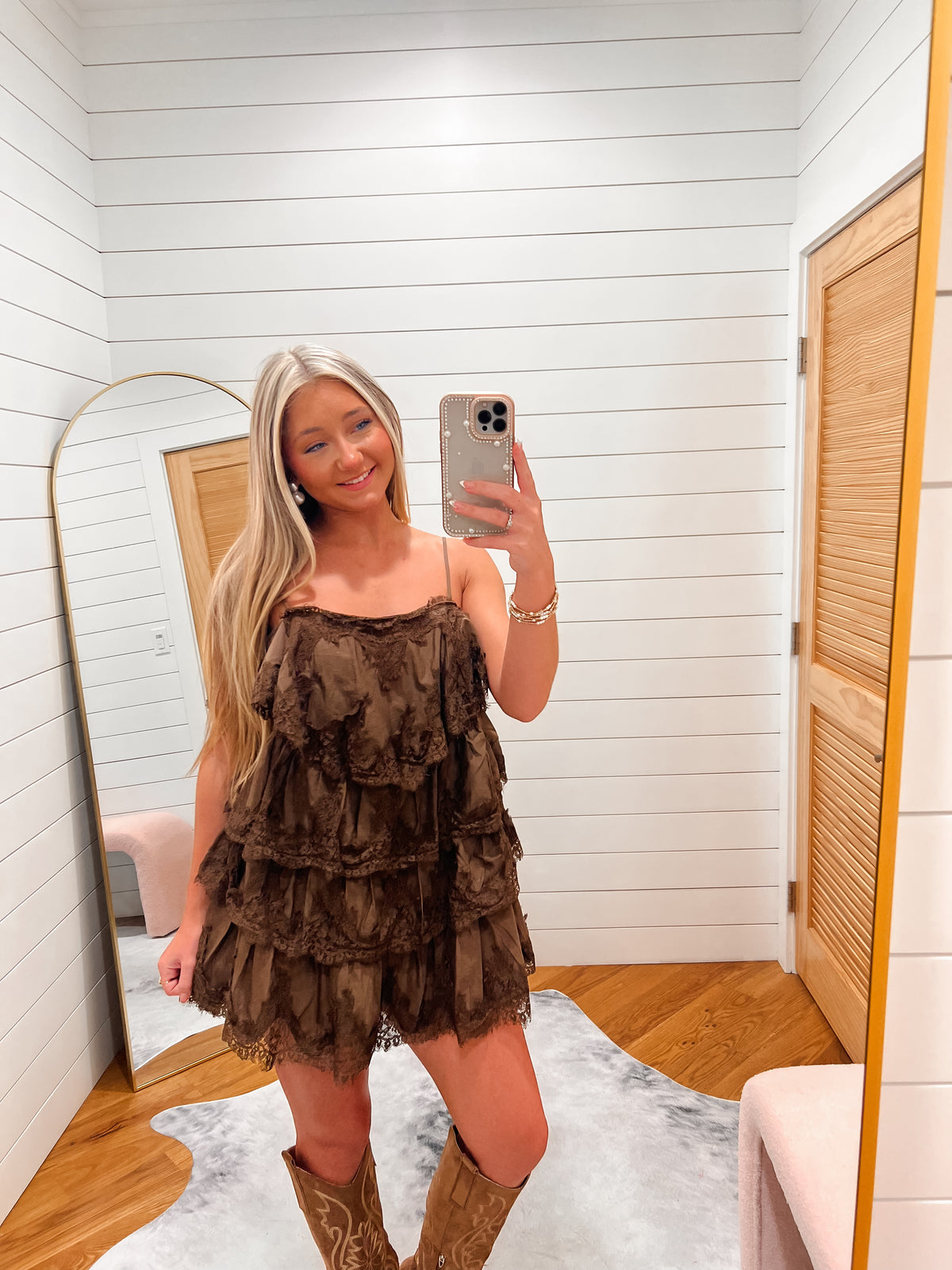 Mocha Lace Ruffle Mini Dress