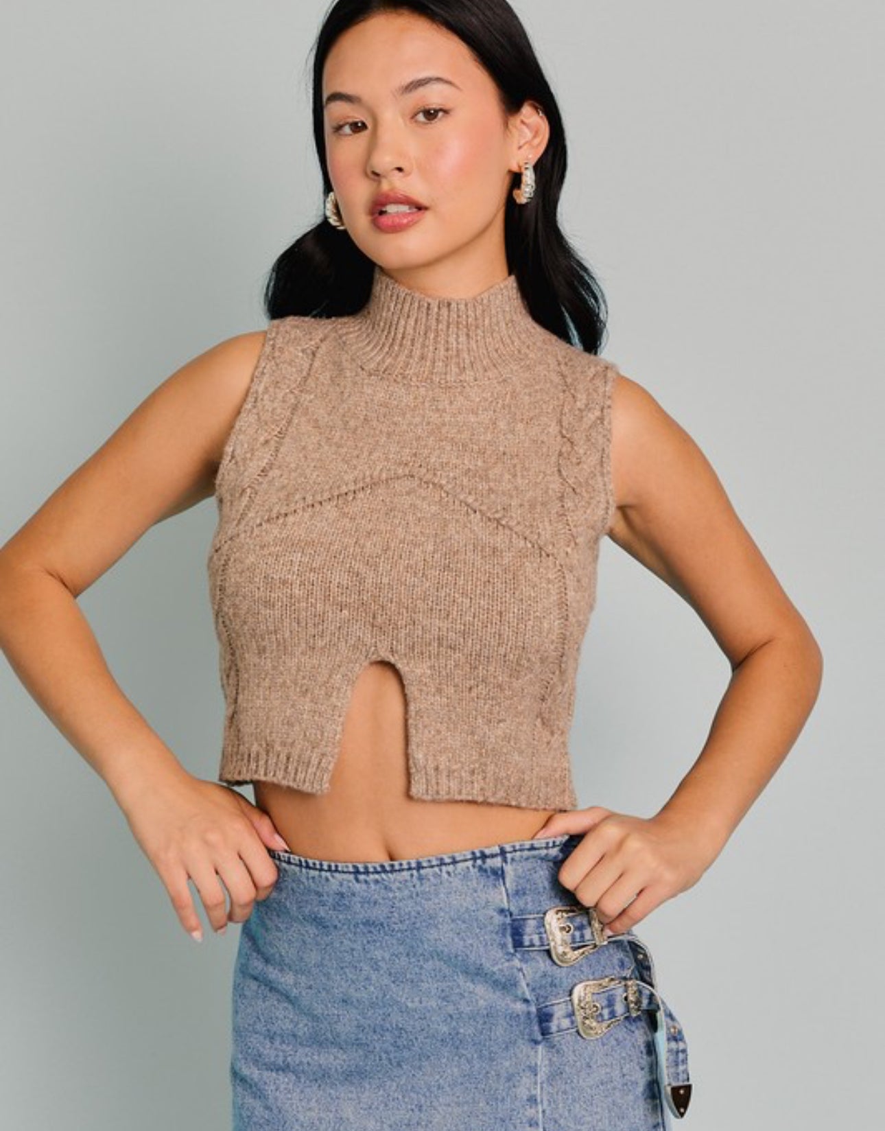 Kerri Mocha Mock Neck Cropped Sweater
