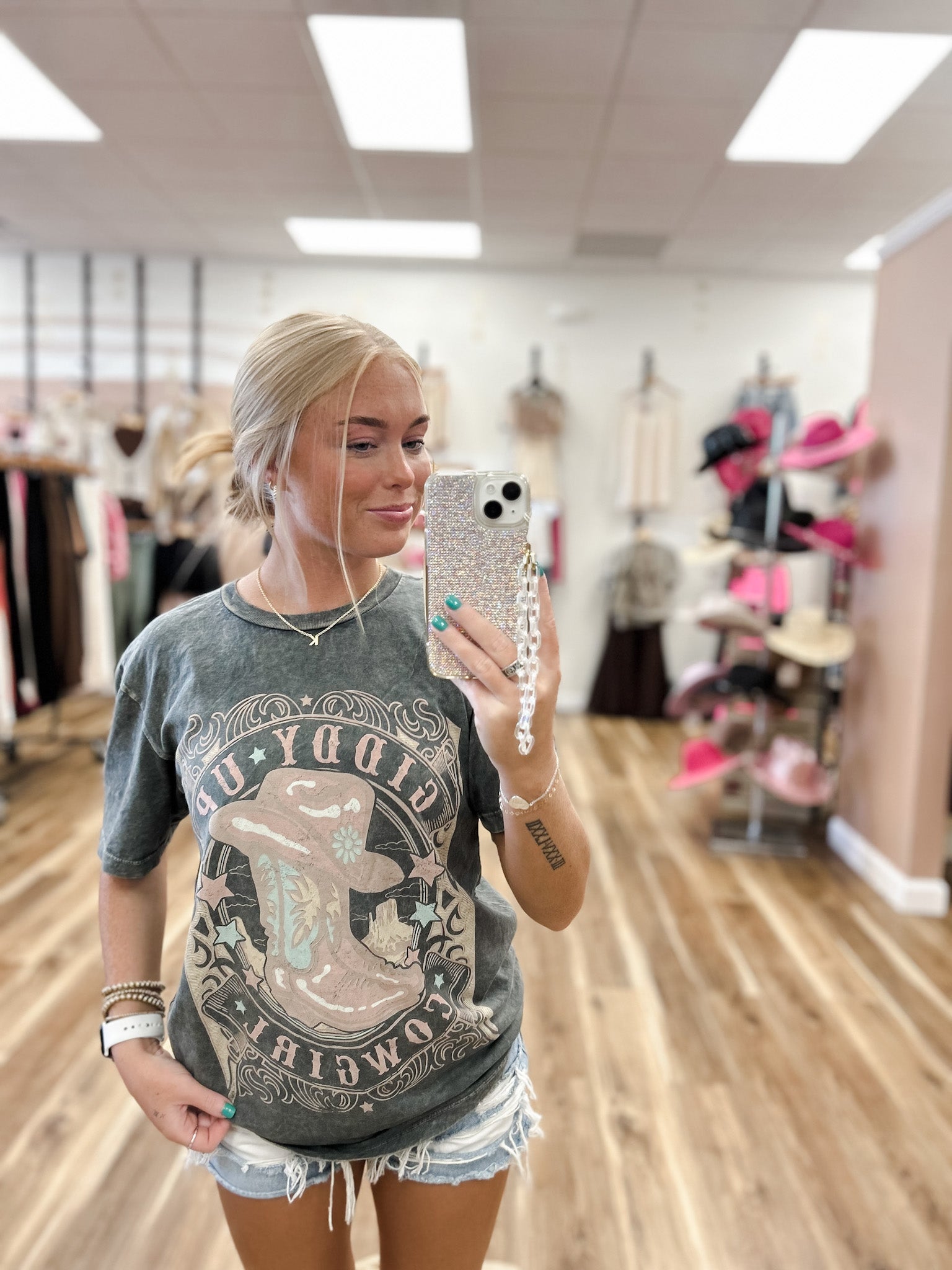 Giddy Up Cowgirl Stone Gray Mineral Wash Tee