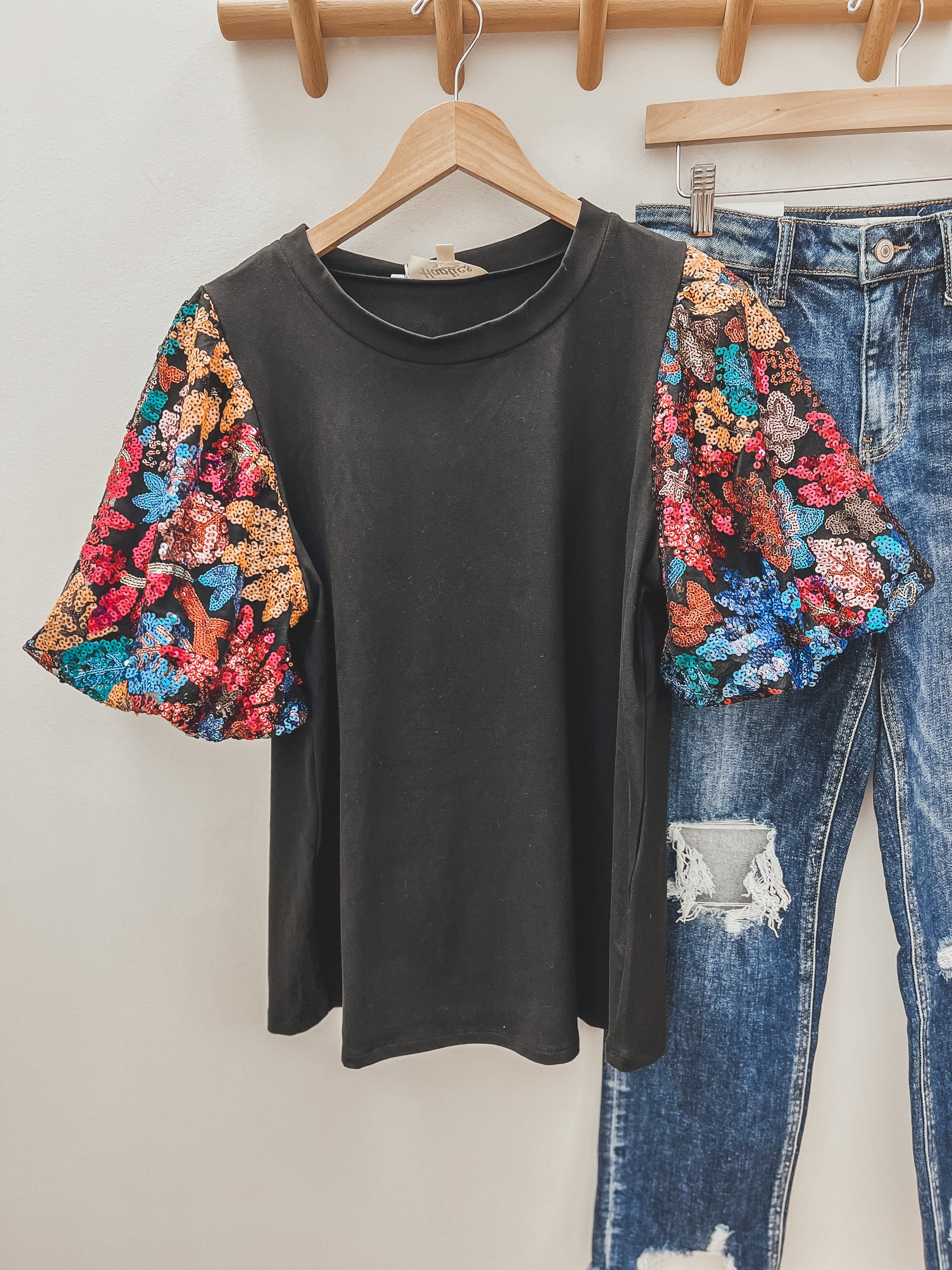 Floral Sequin Sleeve Top