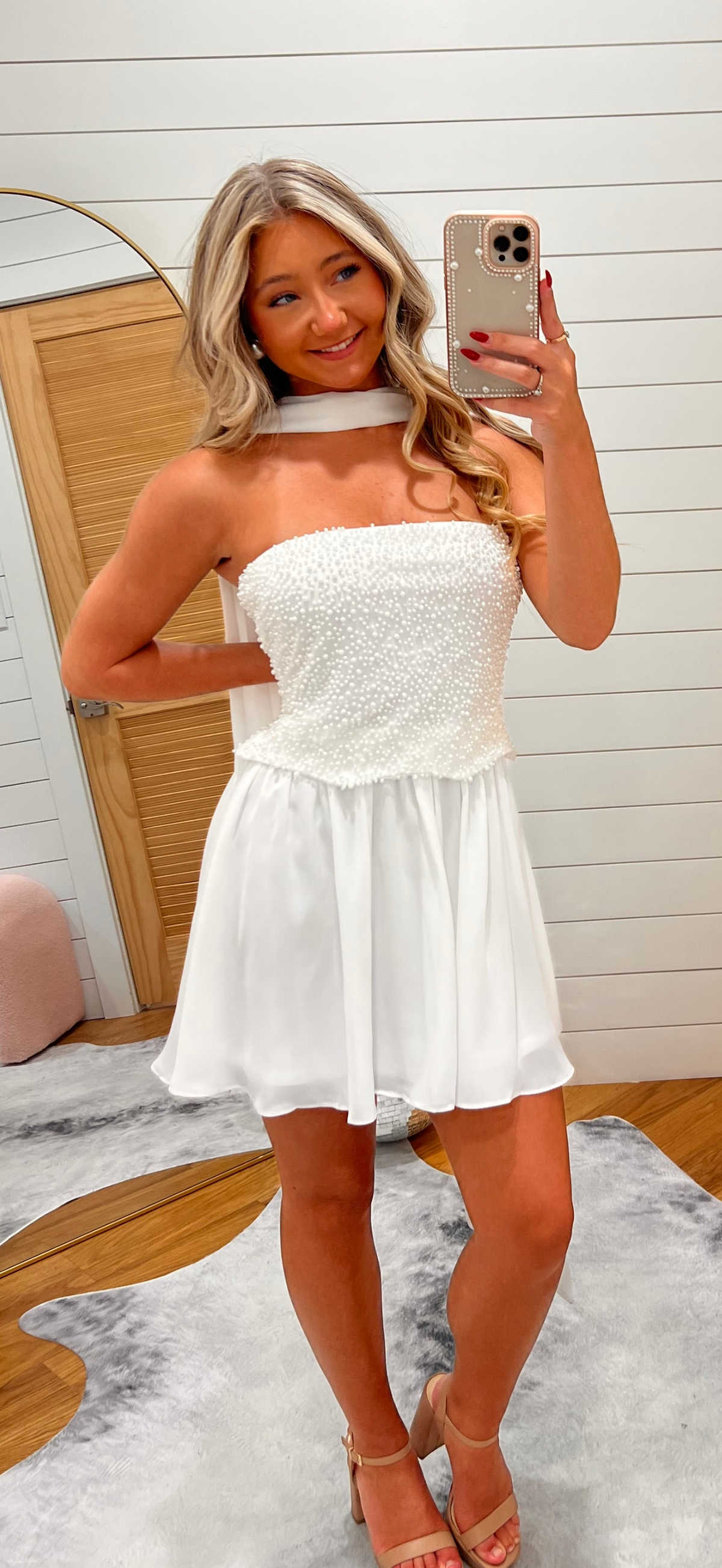 White Beaded Strapless Tulle Mini Dress with Scarf