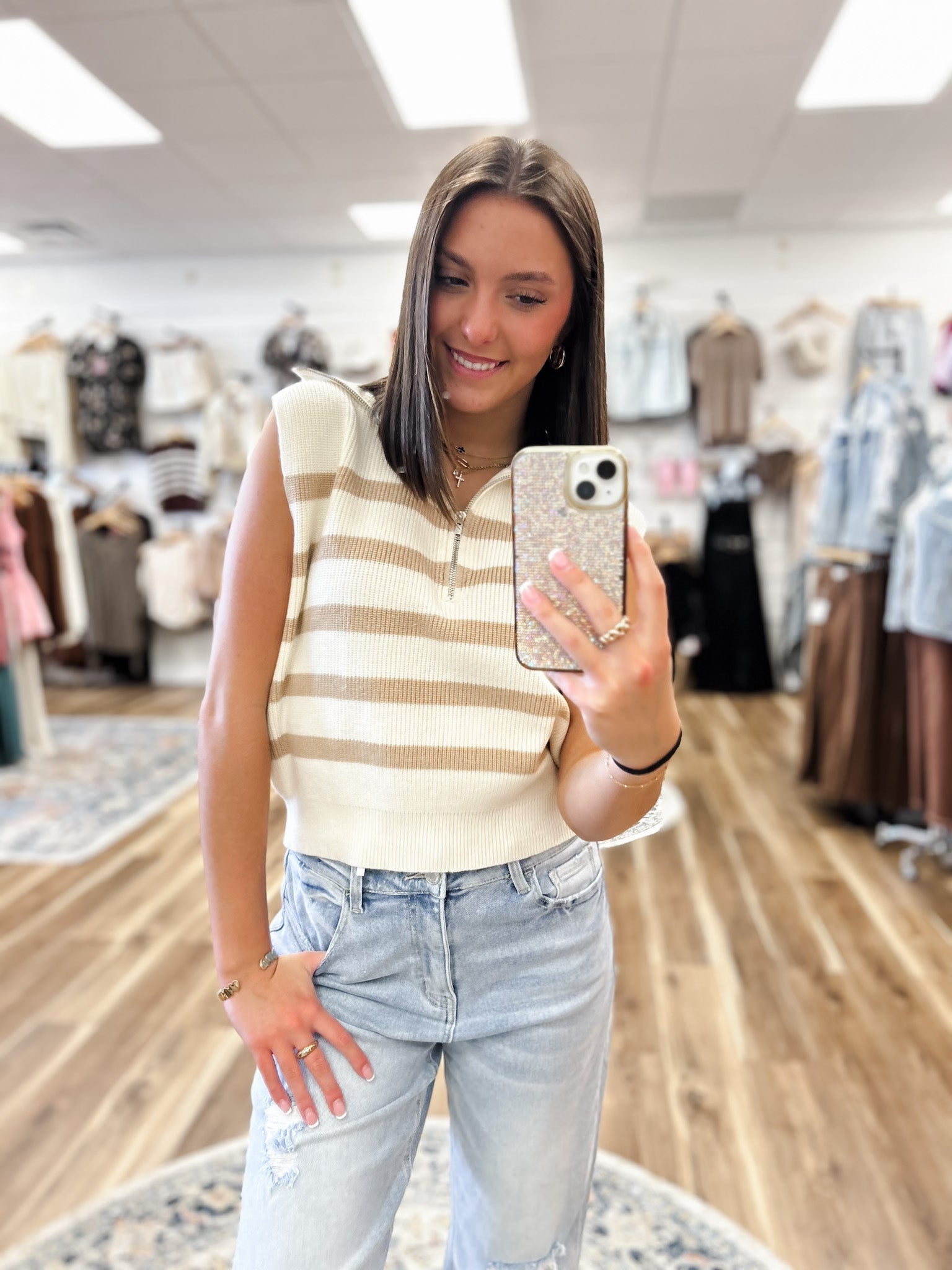 Landon Cream & Taupe Sleeveless Sweater