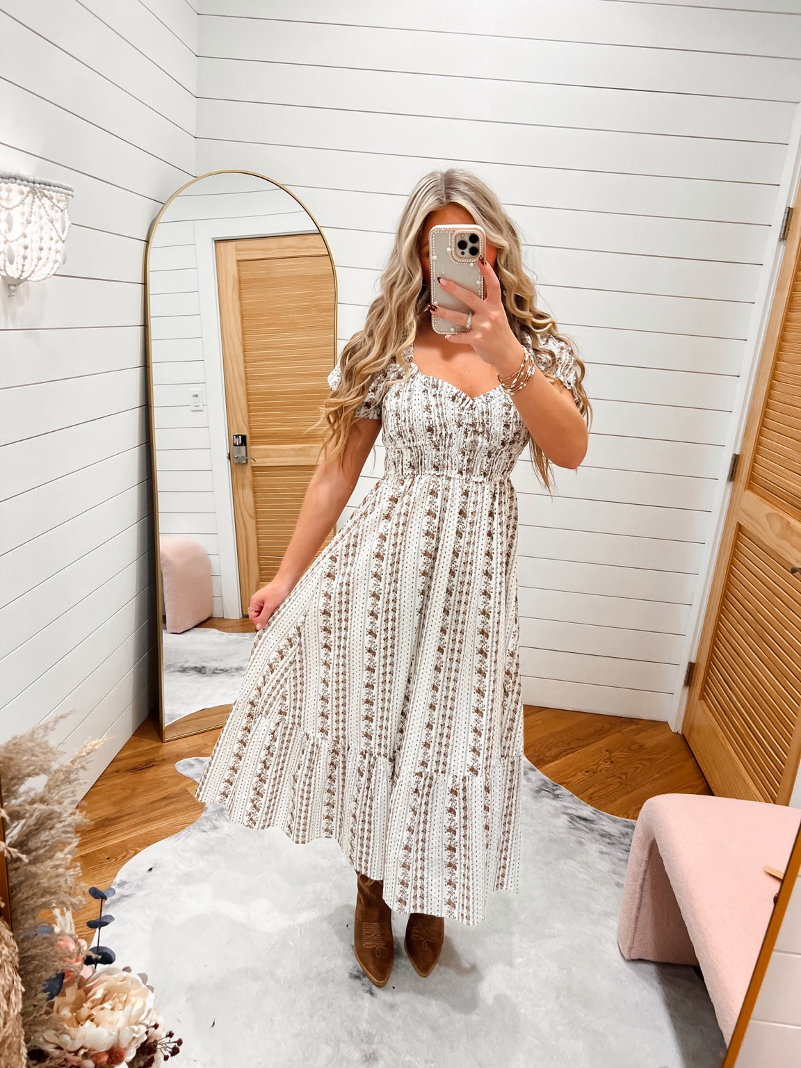 Brown Floral Stripe Puff Sleeve Smocked Midi Dress on Willow and Lace model