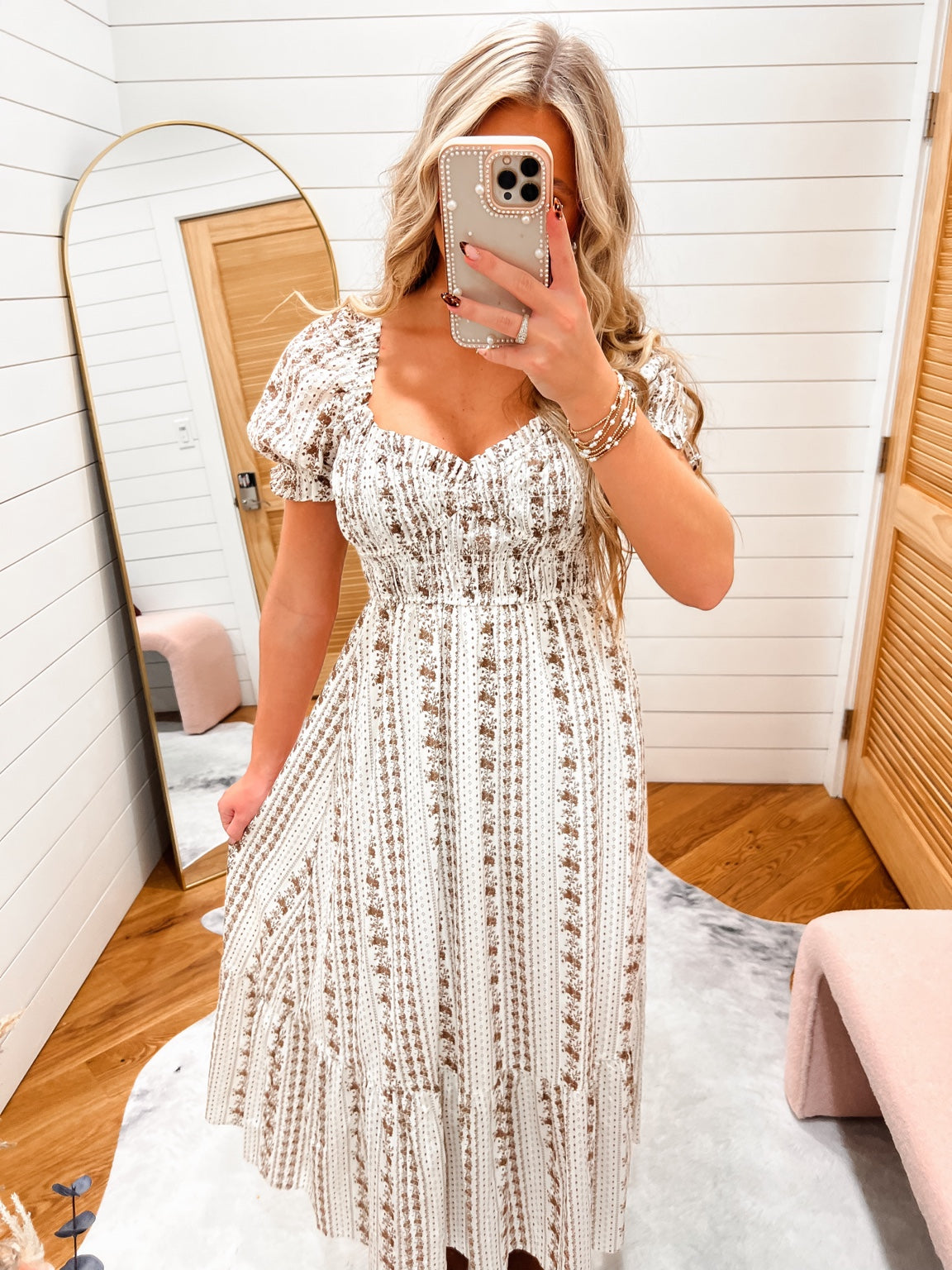 Brown floral stripe midi dress bodice and print detail