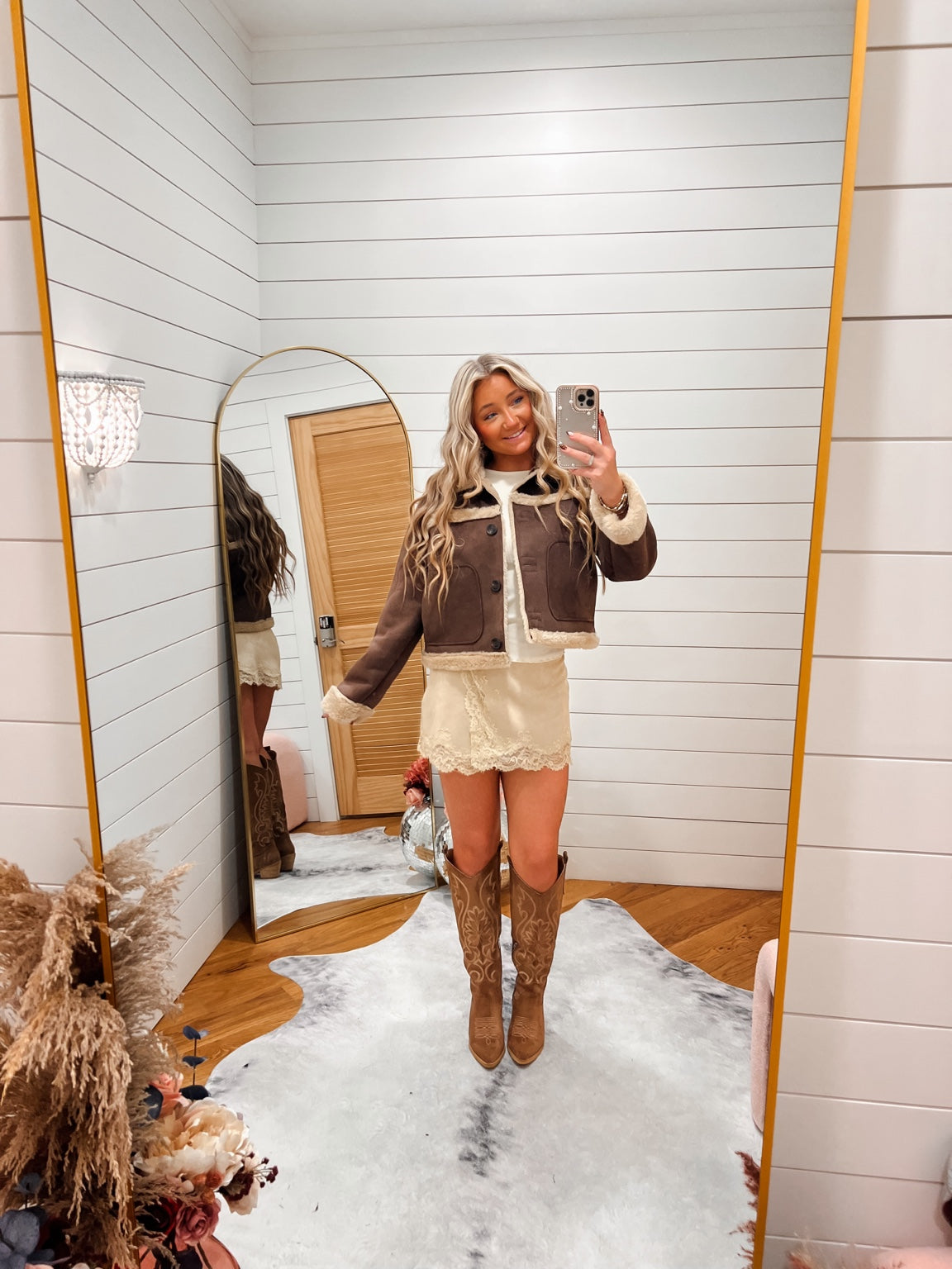 Cream Black Layered Lace Mini Skirt styled with Brown Faux Suede Sherpa Jacket