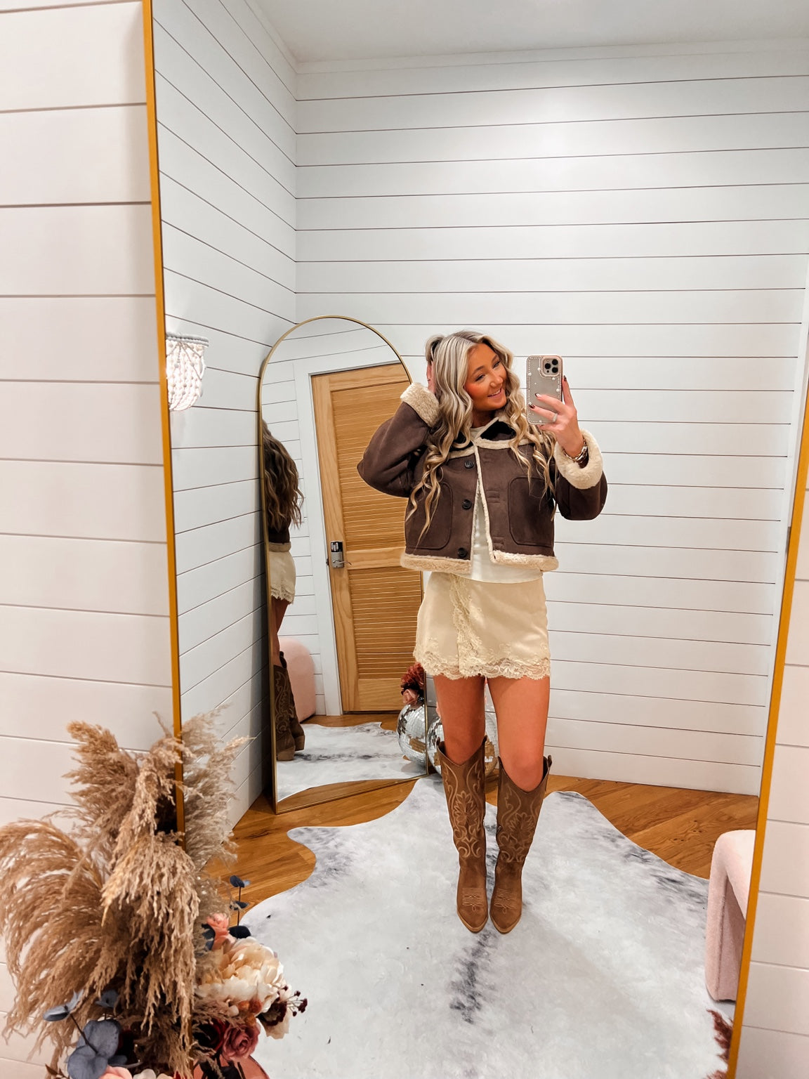 Cream Black Layered Lace Mini Skirt styled with Brown Faux Suede Sherpa Jacket