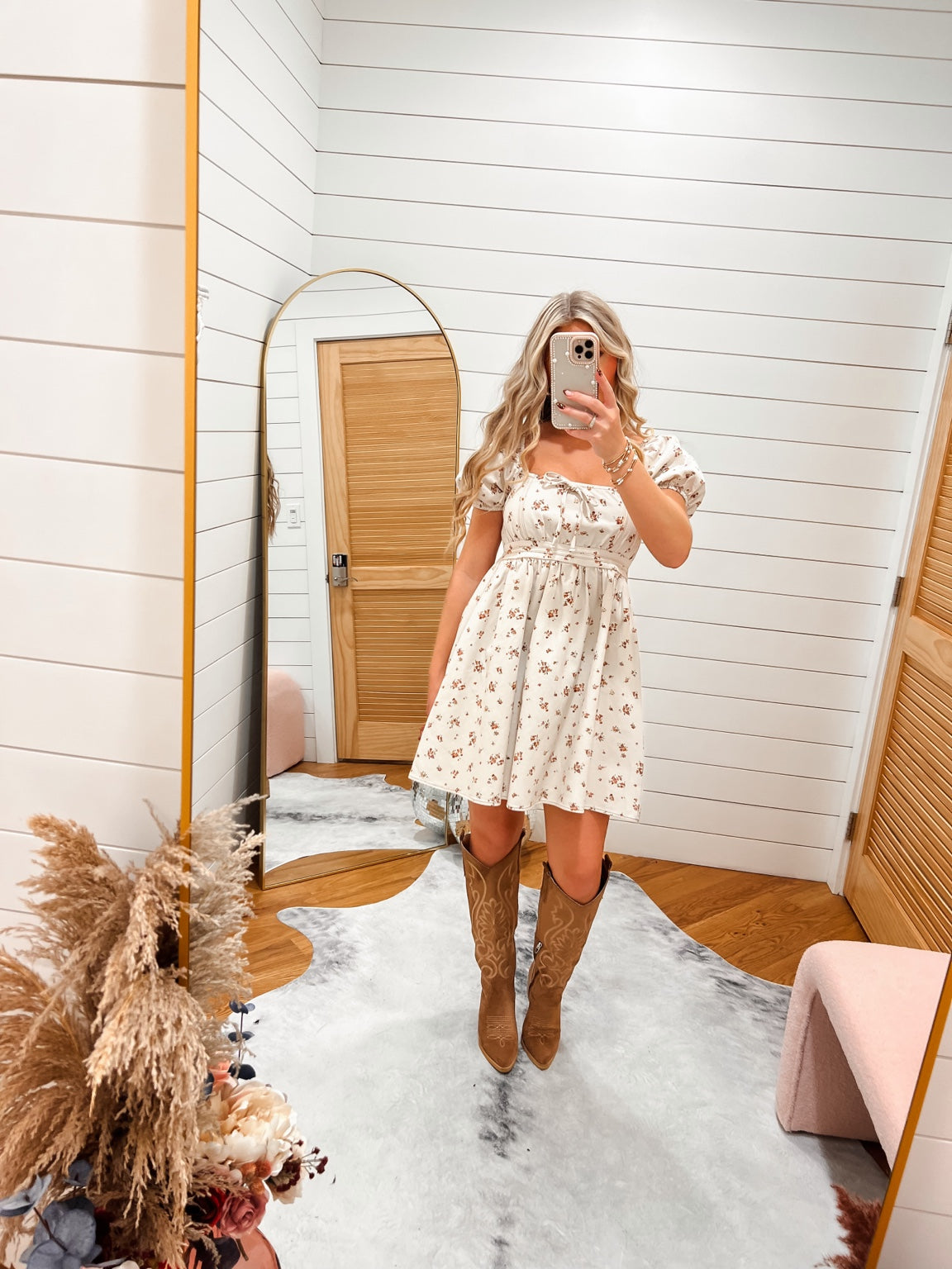 Cream Floral Corset Mini Dress on Willow and Lace model