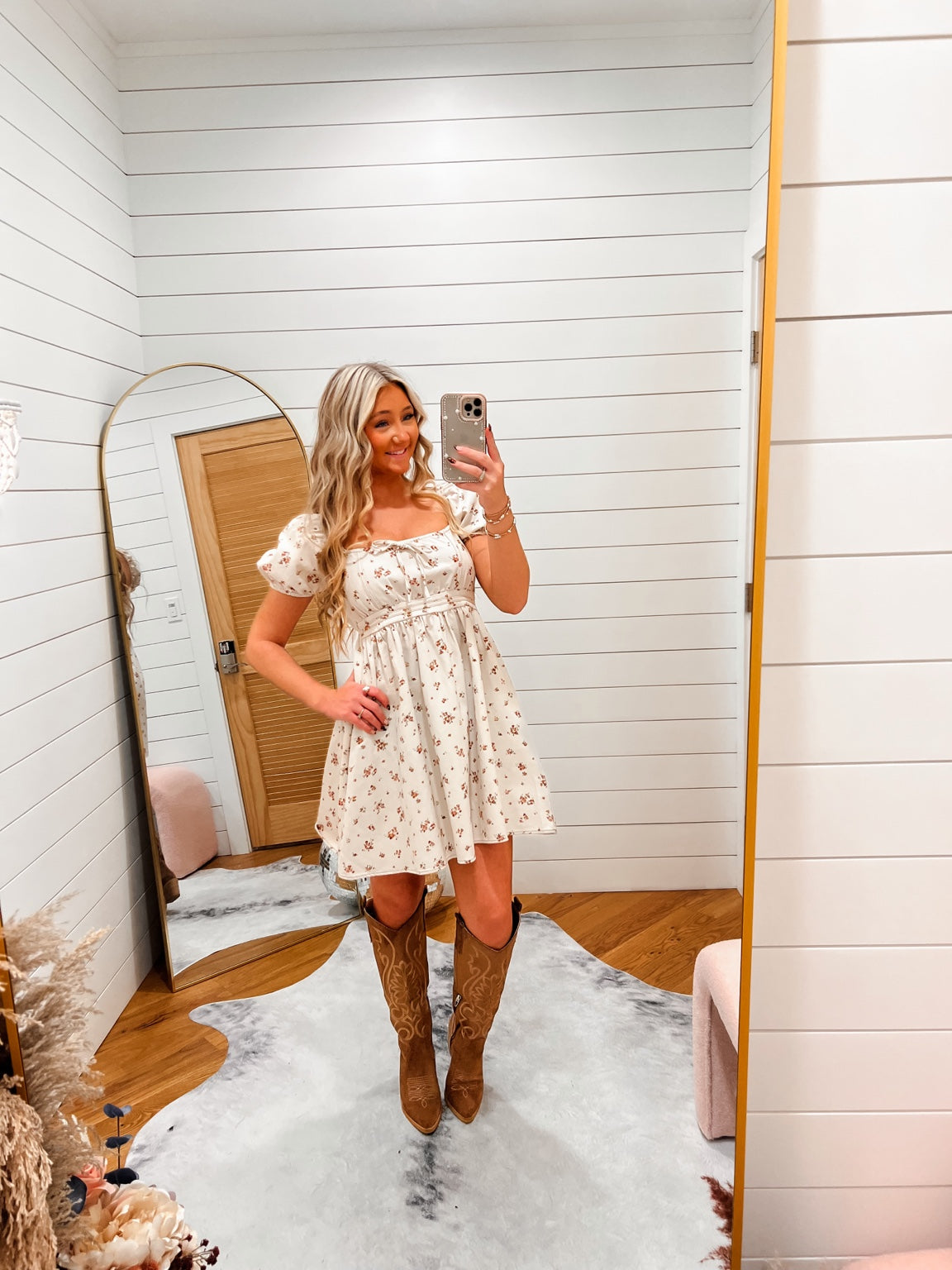 Cream Floral Corset Mini Dress on Willow and Lace model