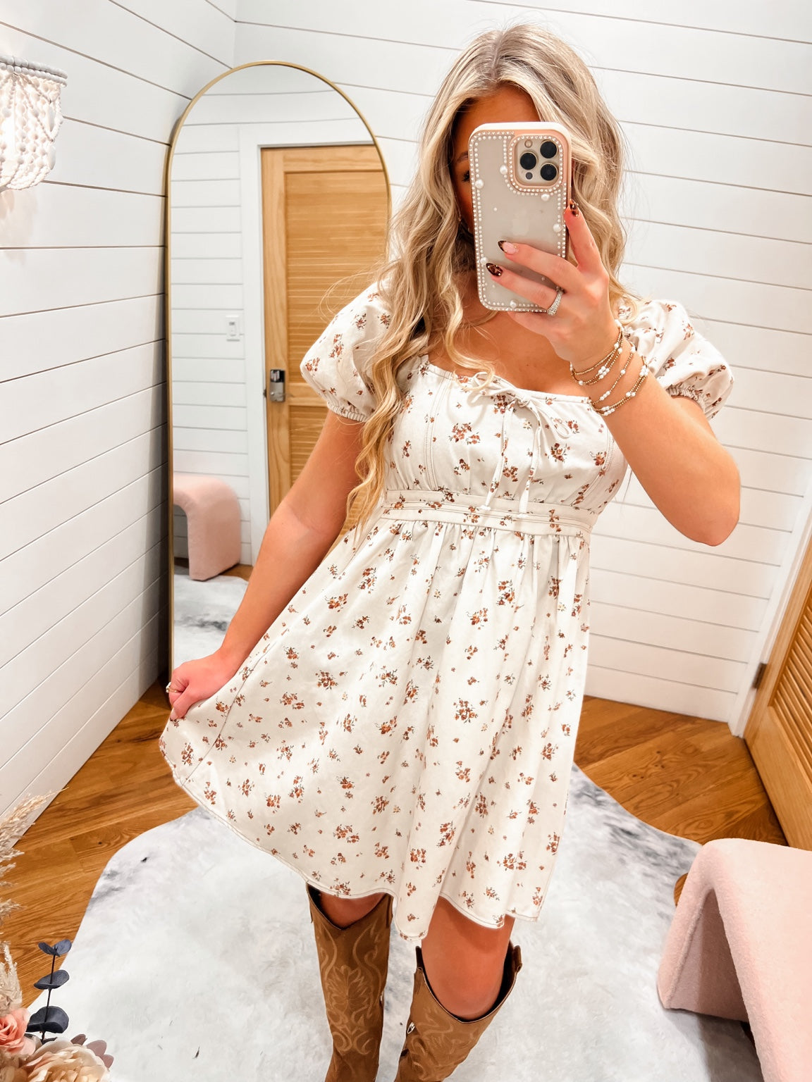 Cream Floral Corset Mini Dress on Willow and Lace model