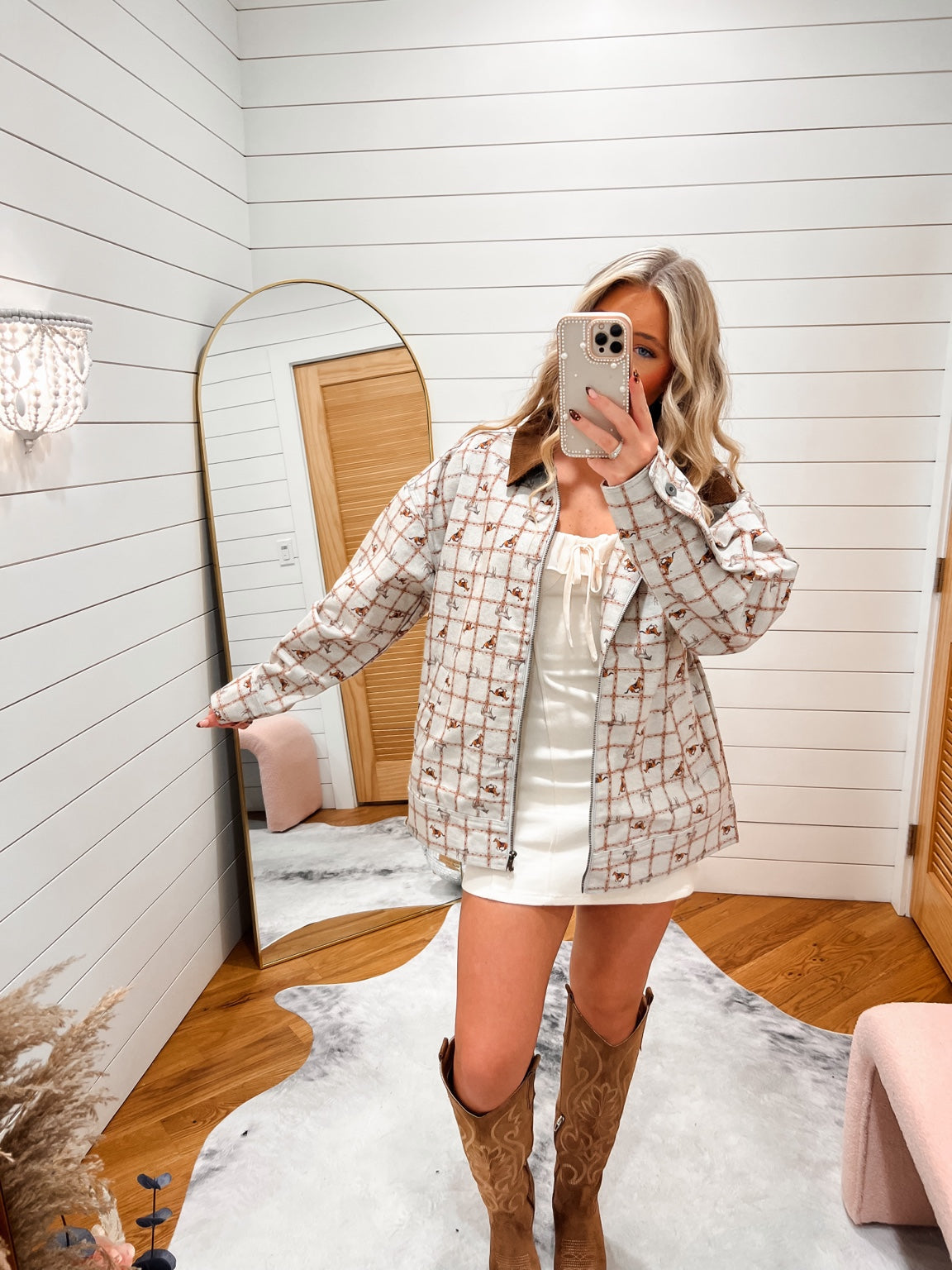 Sweet Nothing Ivory Dress styled with Ivory Western Horse Print Zip-Up Jacket