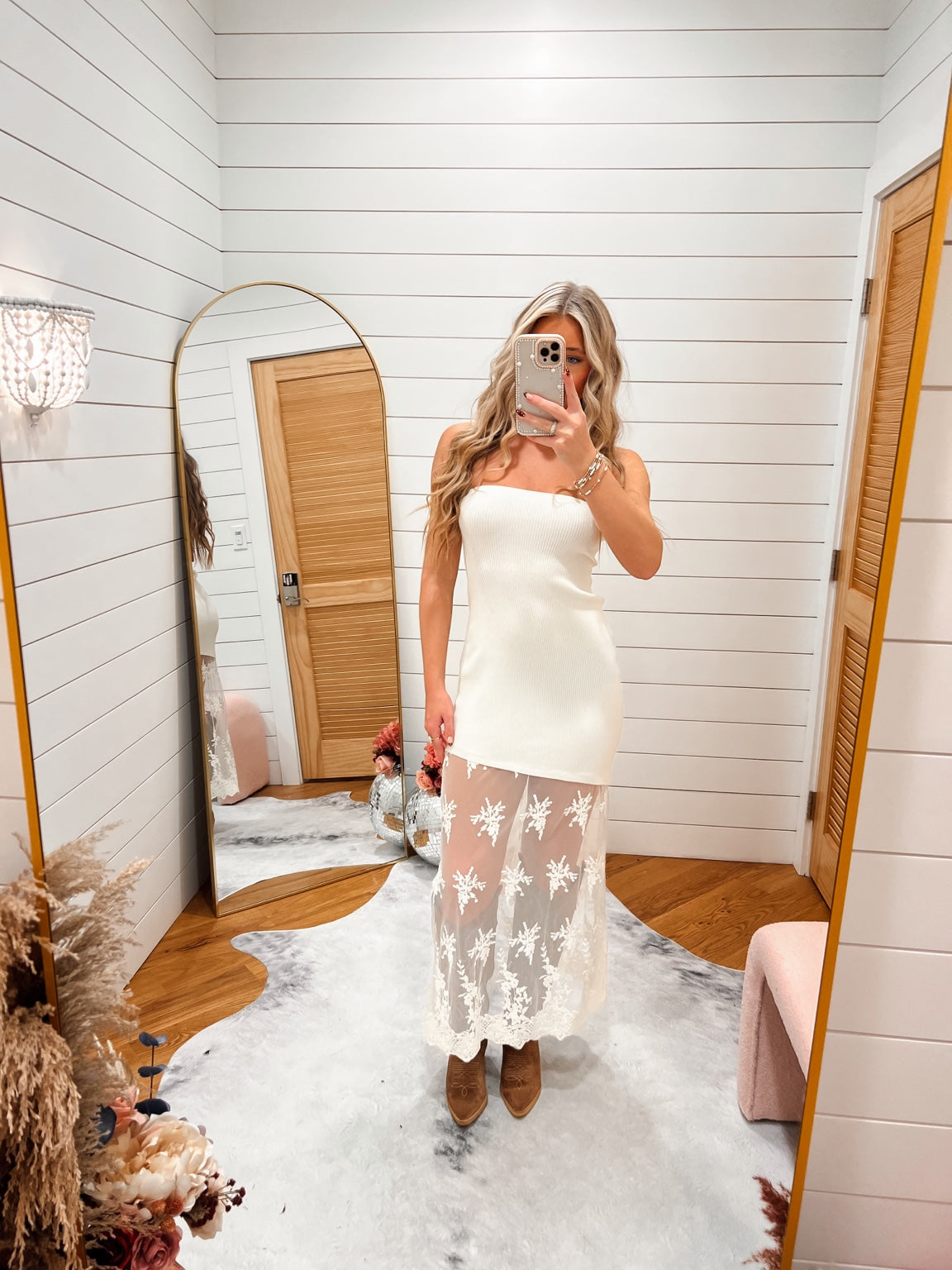 Juliette Cream Lace Dress on Willow and Lace model