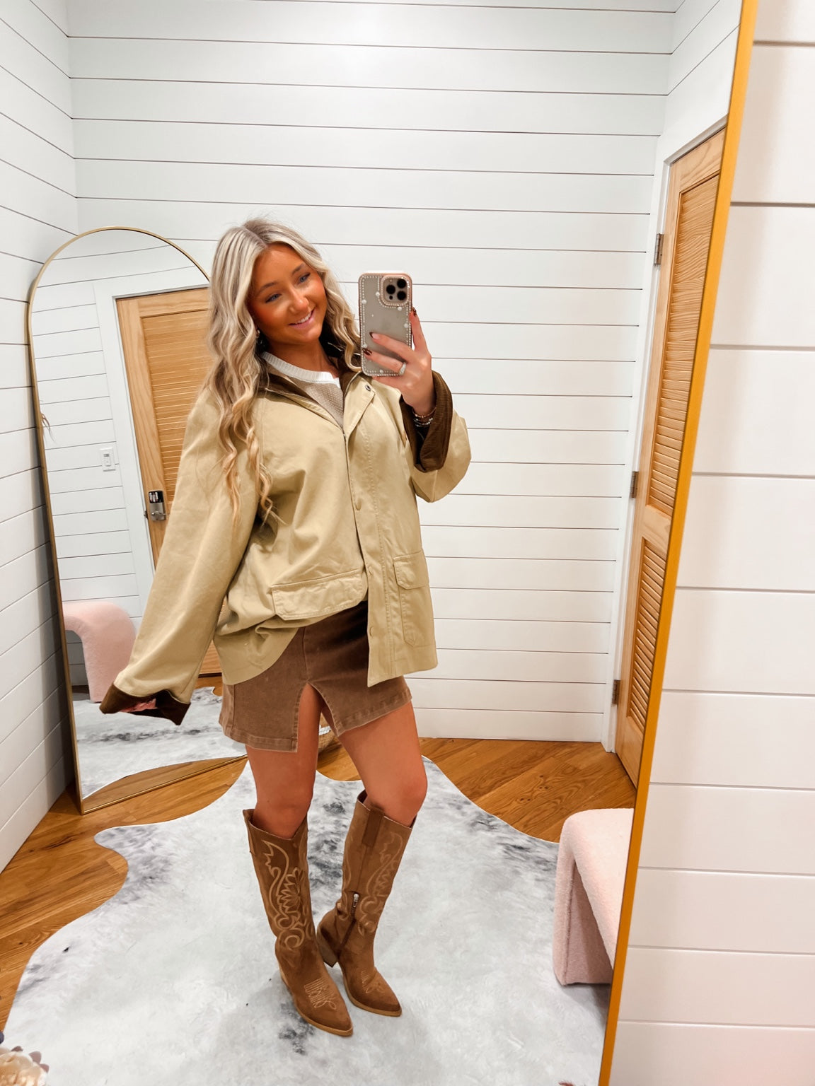 Khaki Corduroy Button Jacket styled with Lace Trim Suede Mini Skort