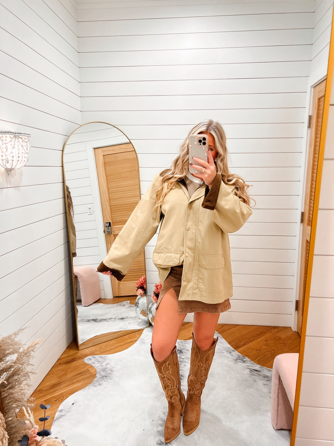 Khaki Corduroy Button Jacket styled with Lace Trim Suede Mini Skort