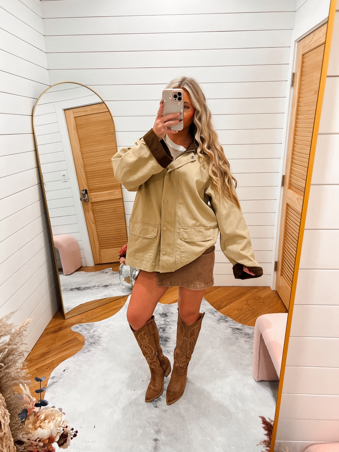 Khaki Corduroy Button Jacket styled with Lace Trim Suede Mini Skort