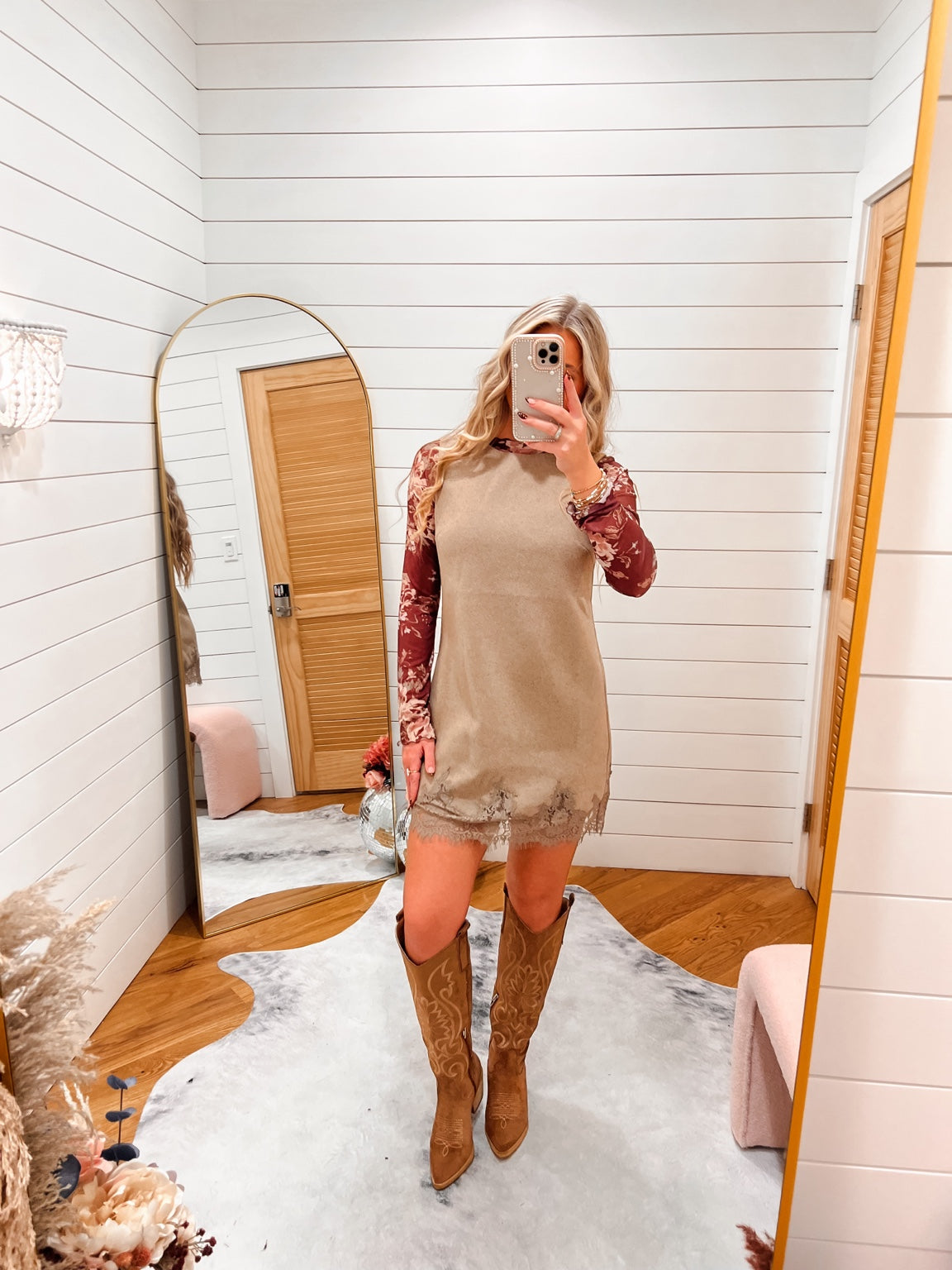Mocha Moment Mini Dress styled with Floral Frilled Hem Mesh Brown Layering Top