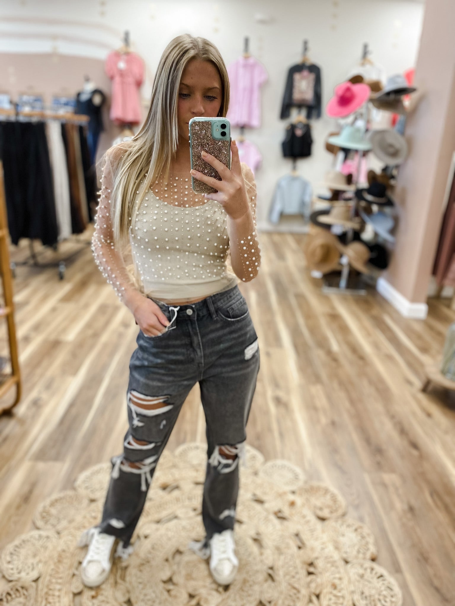 Sheer Nude Rhinestone and Pearl Top